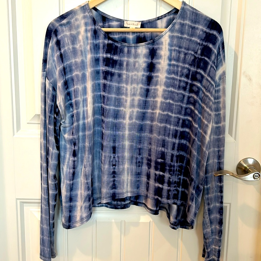 Long sleeve “tie dye” navy and white shirt. Rayon material. Size S